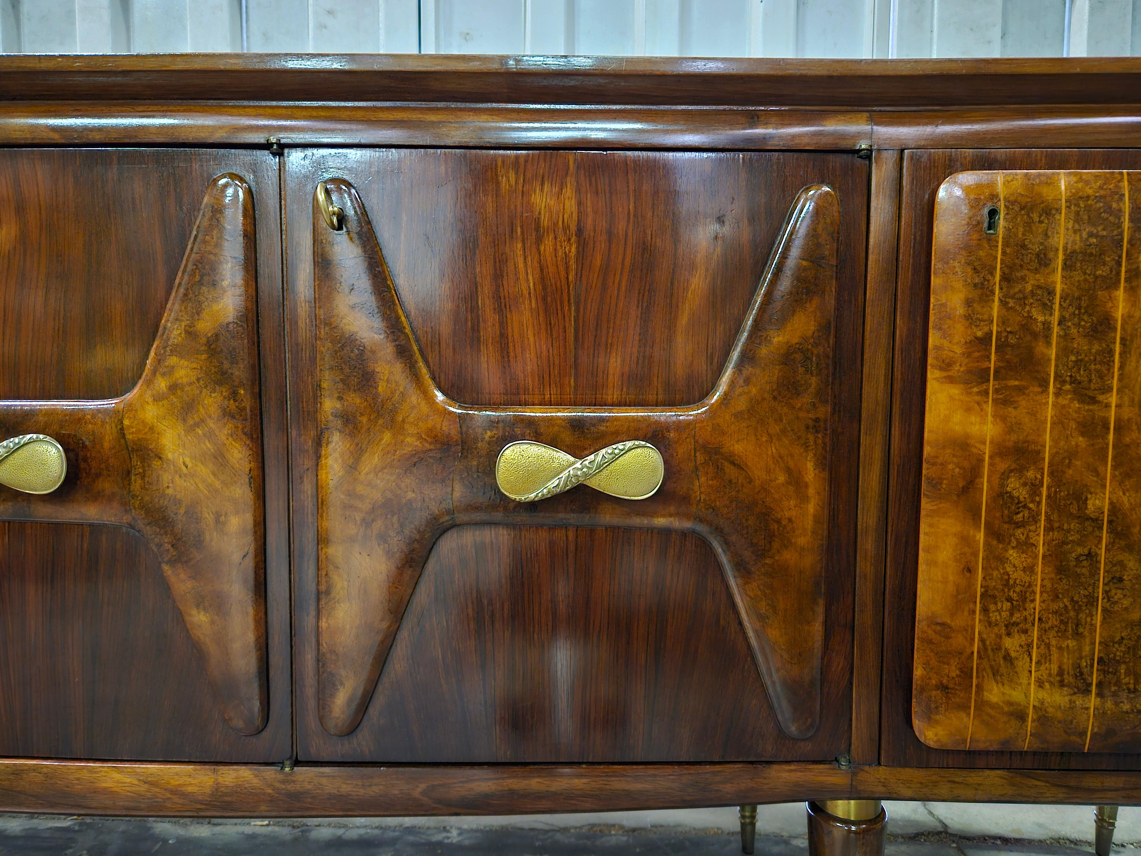 Large 1940s walnut sideboard with maple inlays and glass top For Sale 7