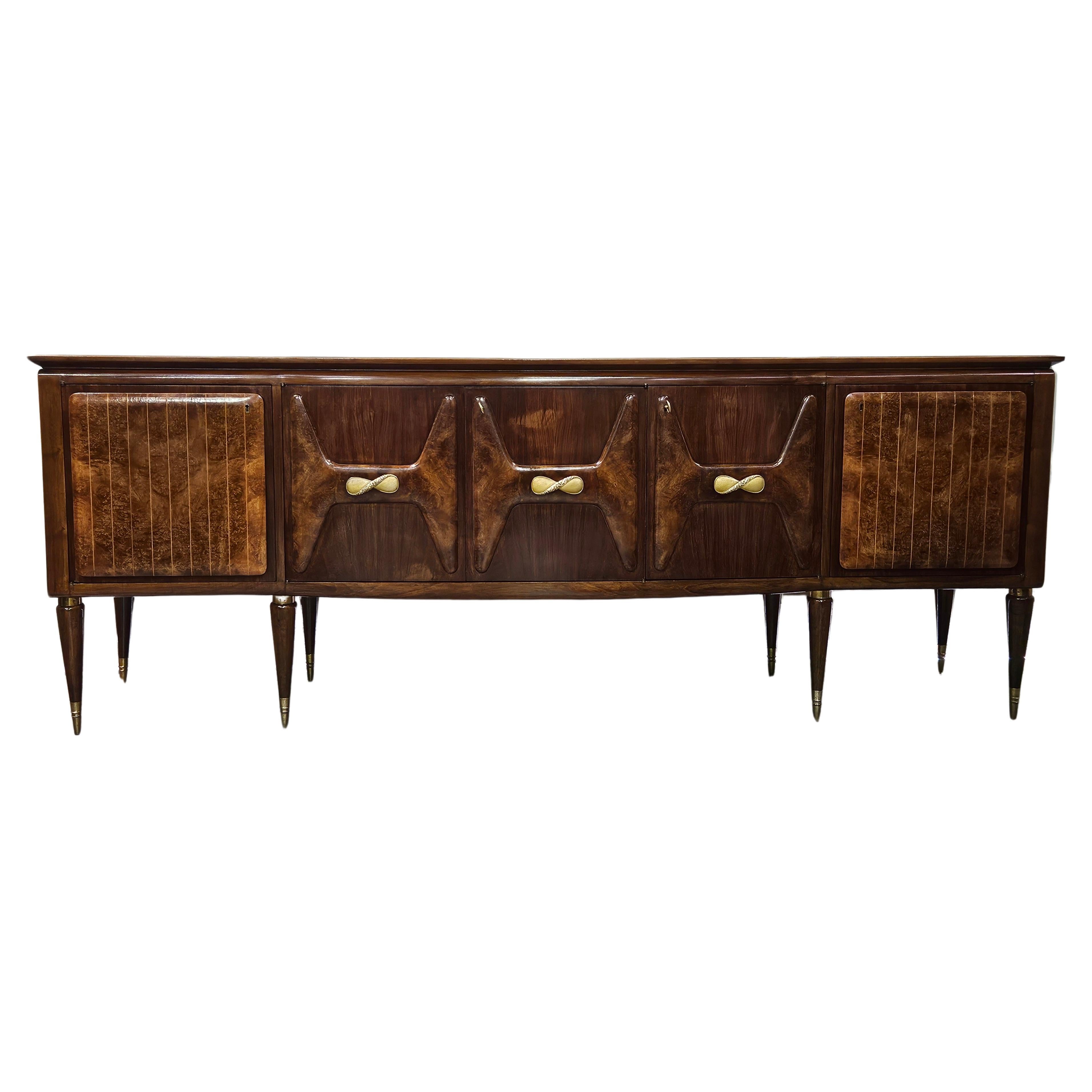Large 1940s walnut sideboard with maple inlays and glass top