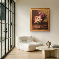 Cuadro Grande Con Flores De Rosas, Óleo Sobre Lienzo, Bodegón Floral, Siglo XX