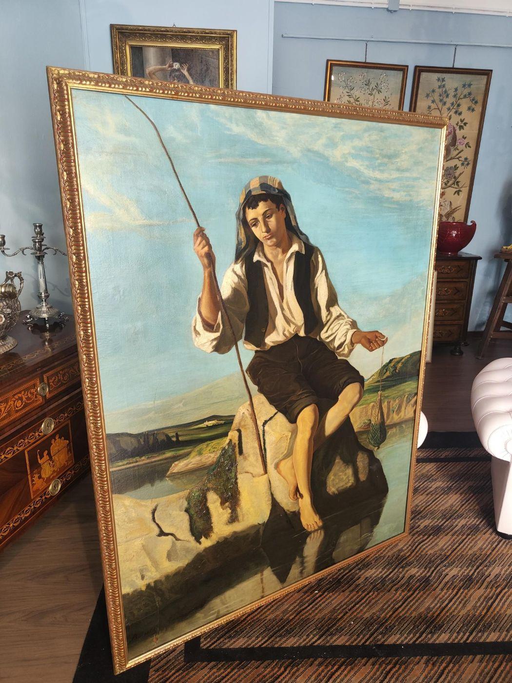 French Large painting depicting fisherman, Henry Bidauld For Sale