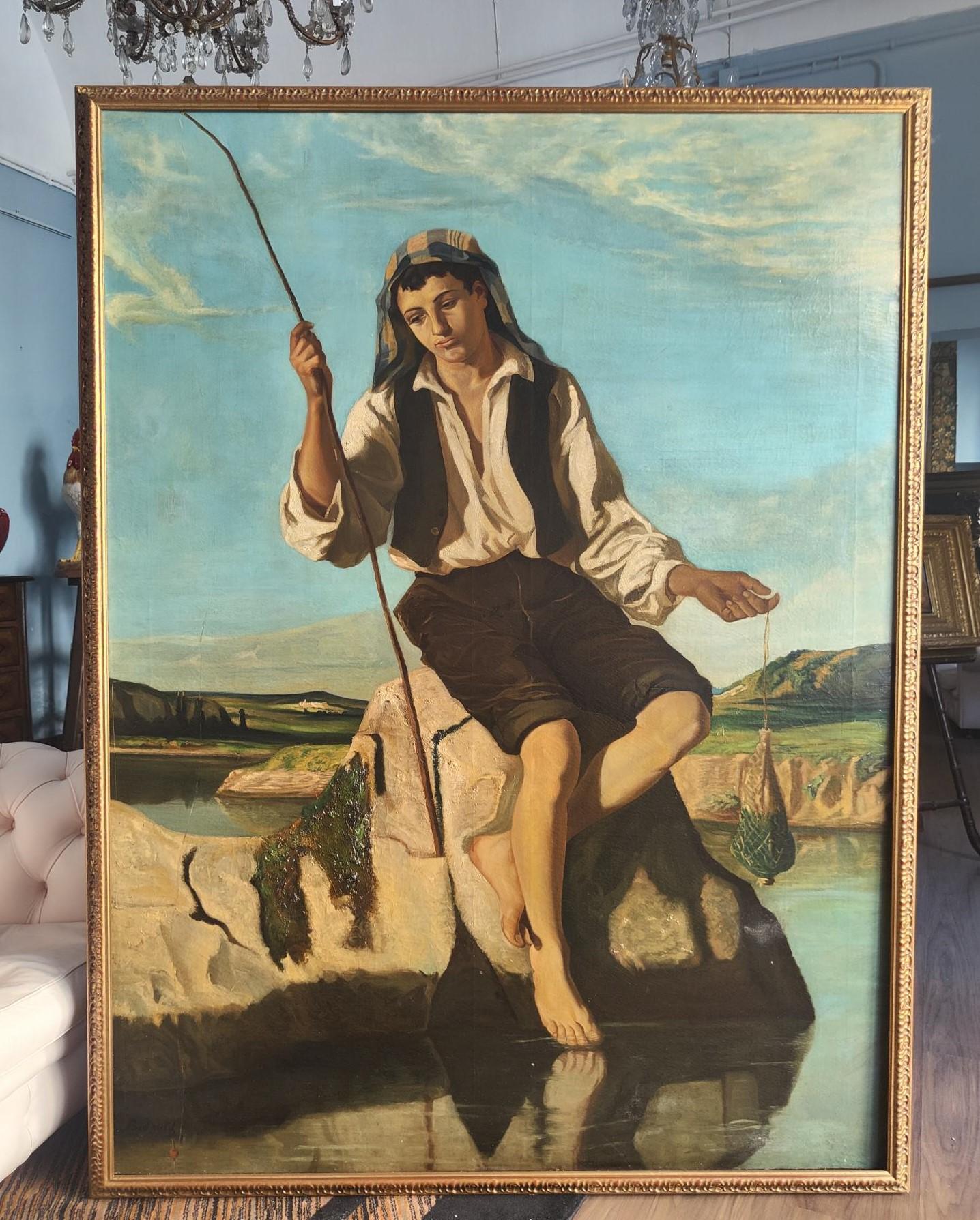 Großes Gemälde eines Fischers, Henry Bidauld (19th Century) im Angebot