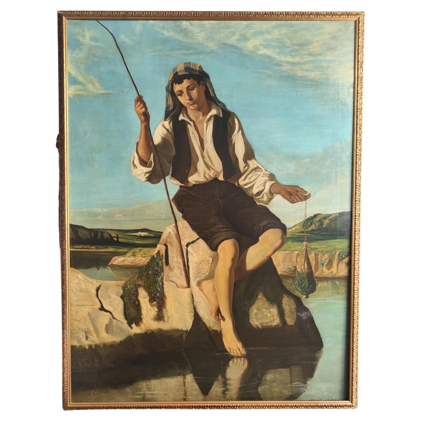 Grande peinture d'un pêcheur, Henry Bidauld en vente