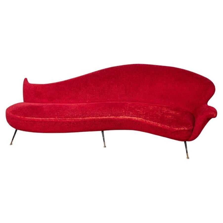 Large vintage 1950s red velvet curved sofa Italian design
