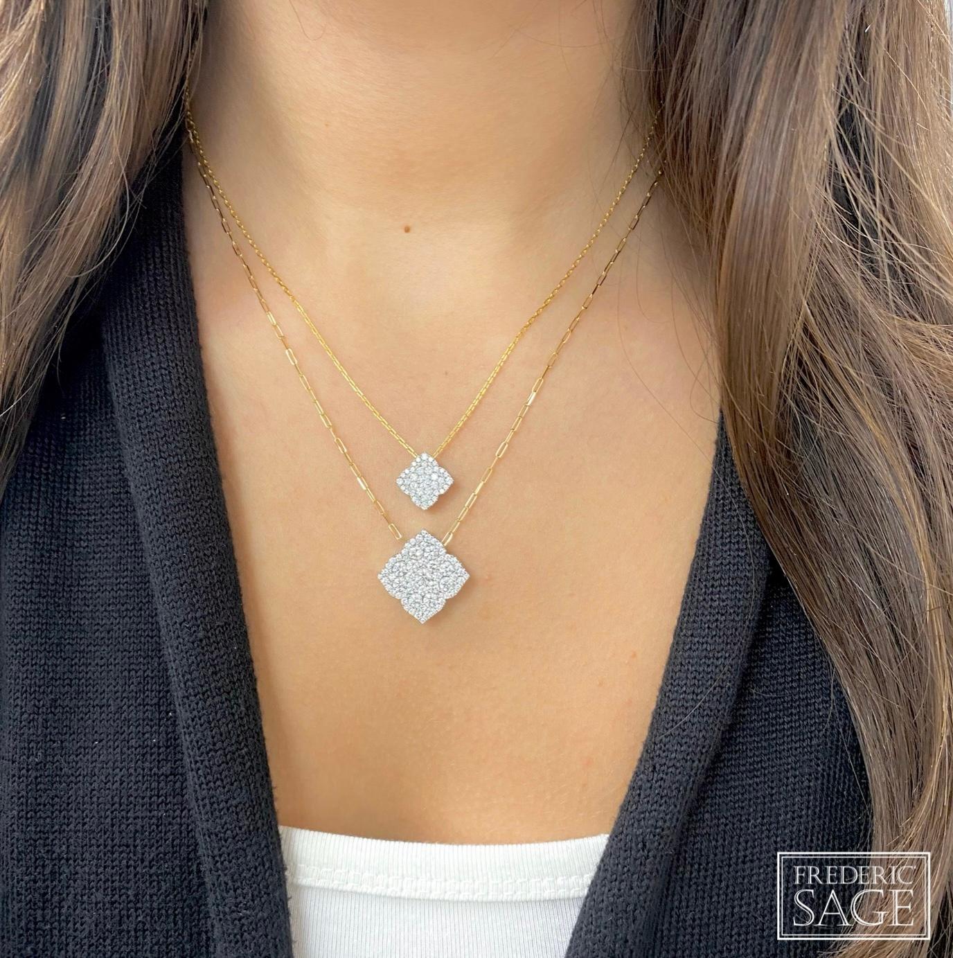 Grande Fleur D’Amour All Diamond Pendant With Hidden Bale And With Chain, 1.88 Ct, (approximately 20 mm)

Available in other metal/ gemstone options: This Diamond pendant can be made in white, pink or yellow gold. Matching earrings, bangle and ring