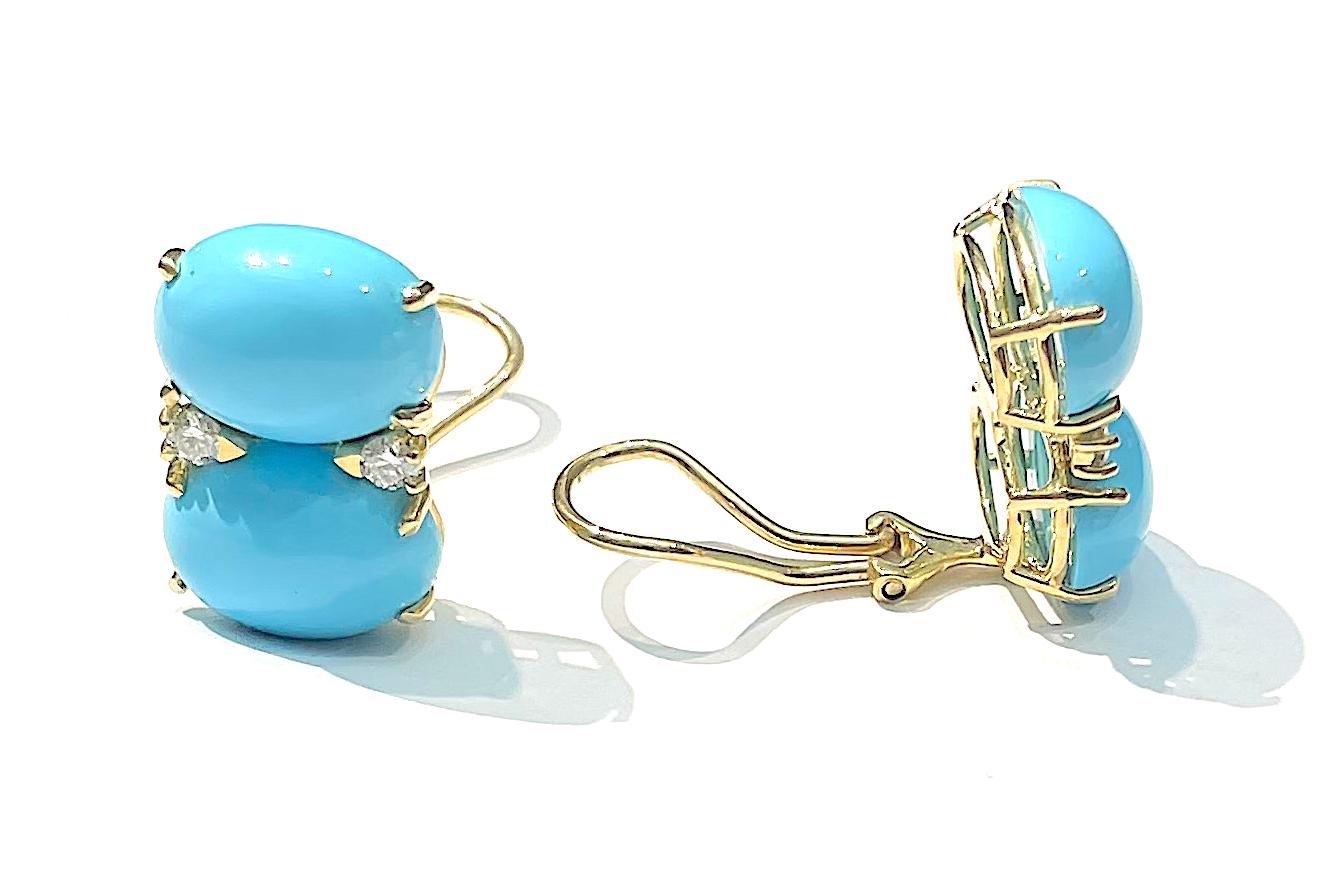 18kt Yellow Gold Grande  GUM DROP™ Earrings with Cabochon Turquoise and four diamonds ~-.60cts - The biggest of the Collection!

Both stones are of equal size - measuring 5/8