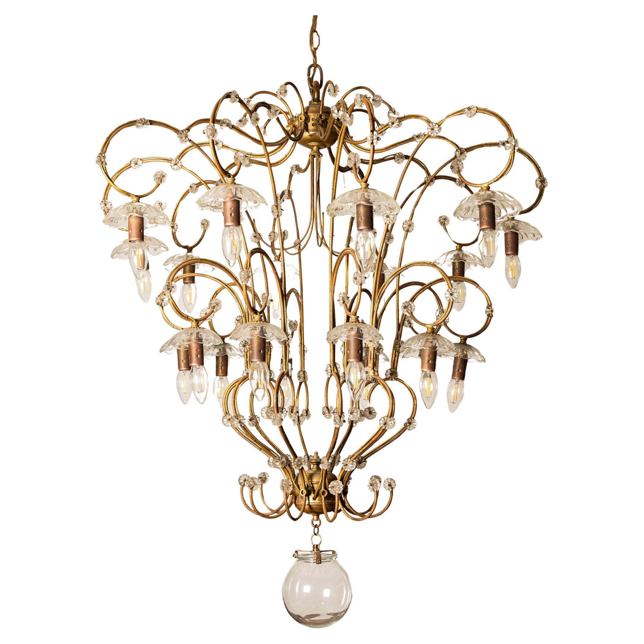 Large 20-light brass and glass chandelier chandelier  For Sale
