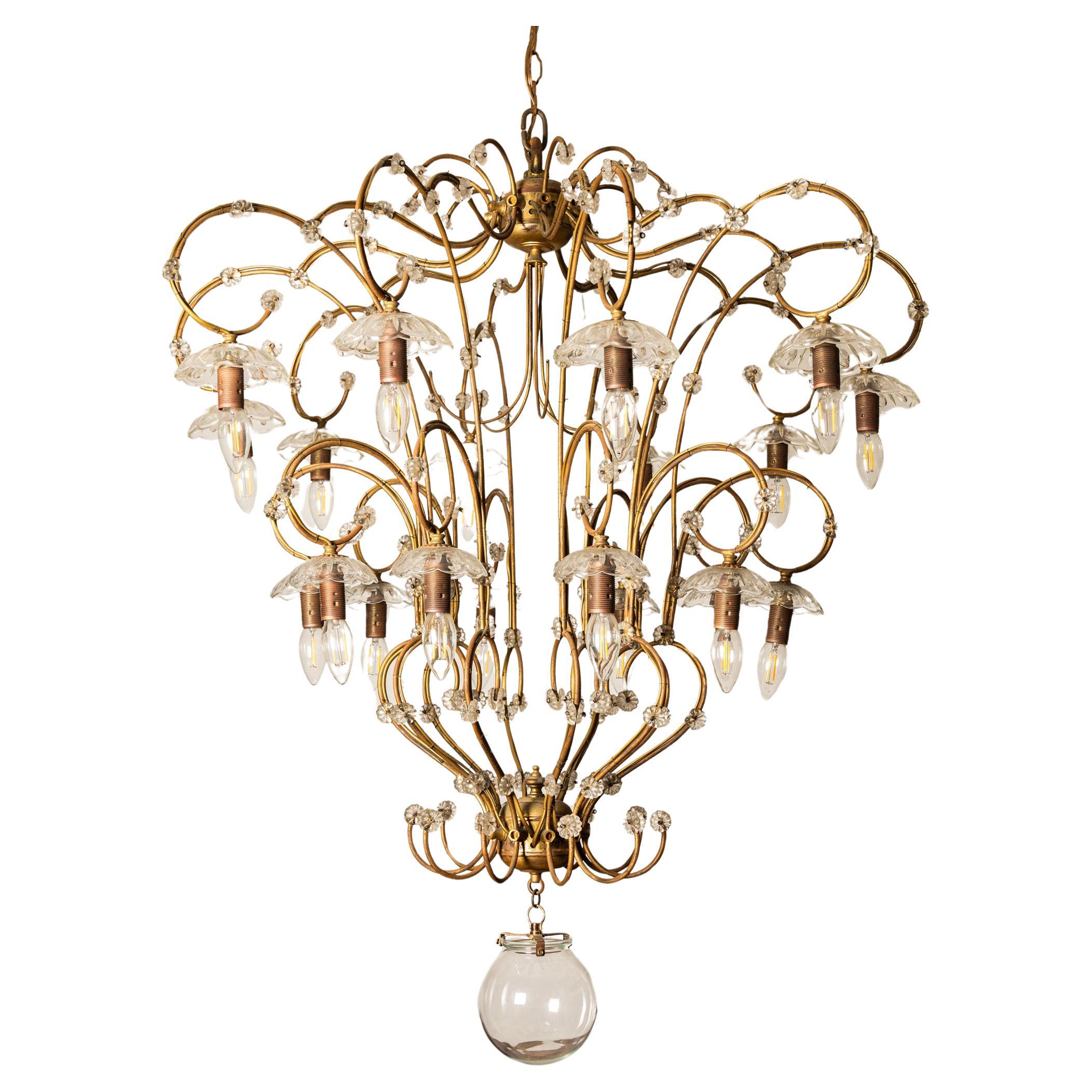 Large 20-light brass and glass chandelier chandelier