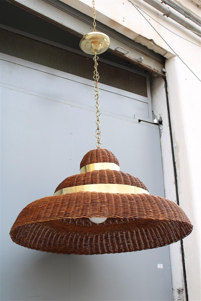 Grande Lampadario Circolare  in Midollino e Ottone Italia esemplare Unico en venta 3