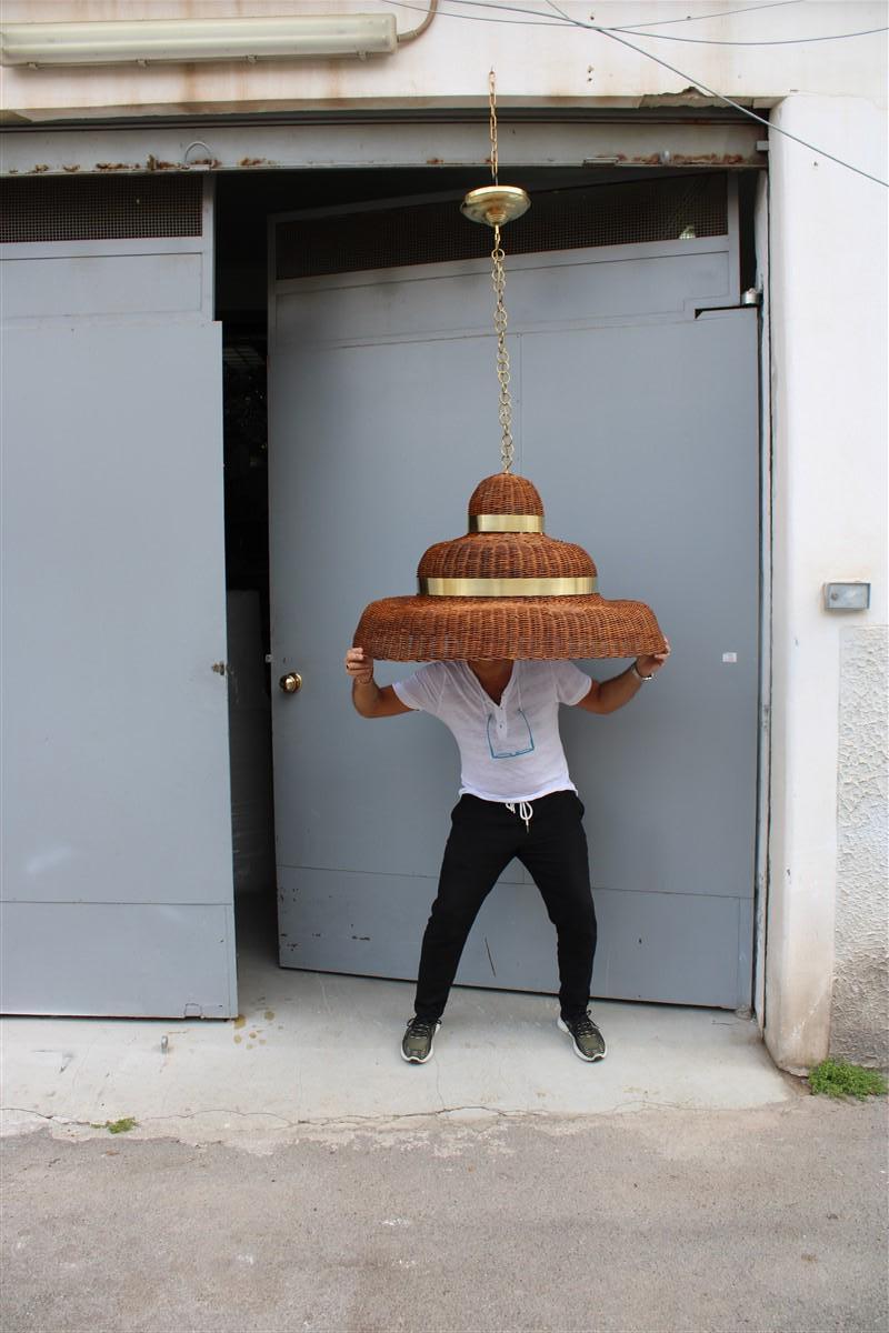 Grande Lampadario Circolare  in Midollino e Ottone Italia esemplare Unico en venta 4