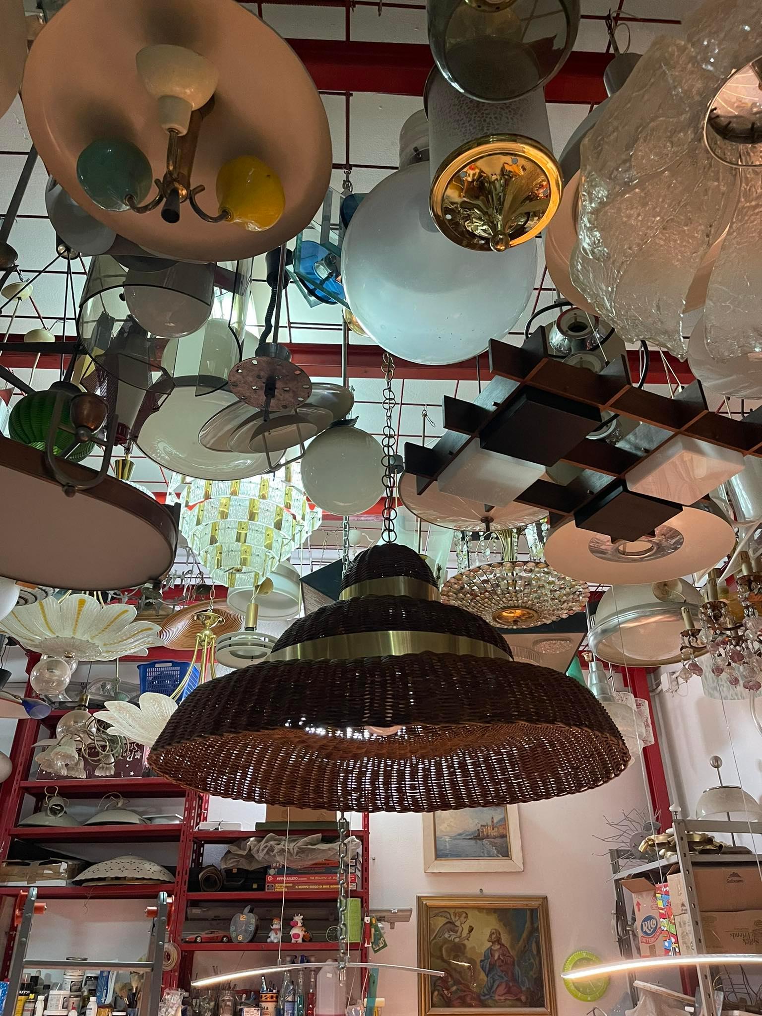 Grande Lampadario Circolare  in Midollino e Ottone Italia esemplare Unico en venta 6