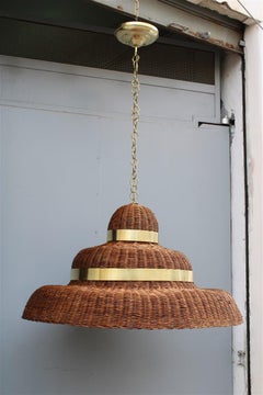 Grande Lampadario Circolare in Midollino e Ottone Italia esemplare Unico