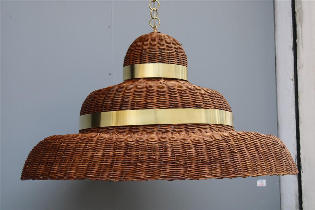 Grande Lampadario Circolare  in Midollino e Ottone Italia esemplare Unico Moderno en venta