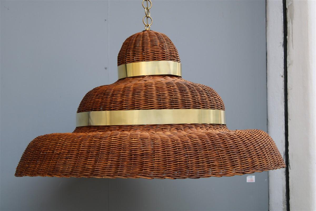 Grande Lampadario Circolare  in Midollino e Ottone Italia esemplare Unico en venta 2