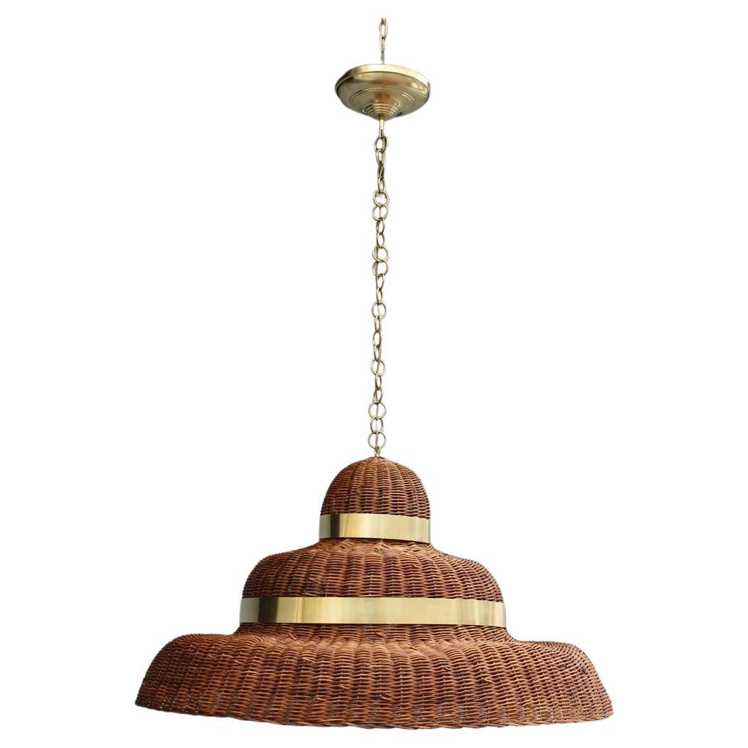 Grande Lampadario Circolare  in Midollino e Ottone Italia esemplare Unico
