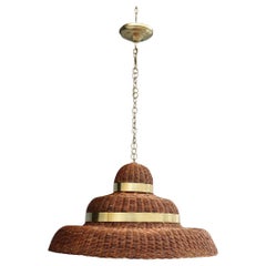 Grande Lampadario Circolare  in Midollino e Ottone Italia esemplare Unico