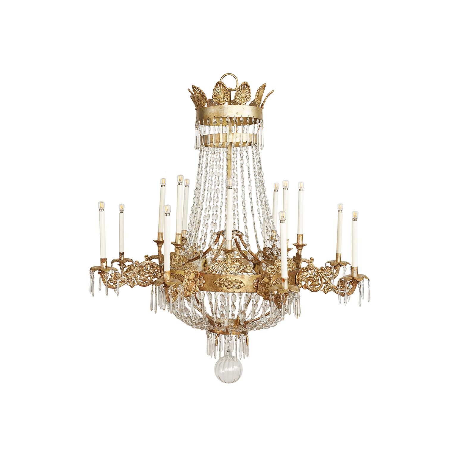 Grande Lampadario Impero Dorato Italiano con Cristalli 1780 Circa Sedici Luci 12