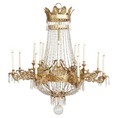 Grande Lampadario Impero Dorato Italiano con Cristalli 1780 Circa Sedici Luci