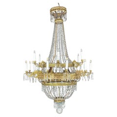 Grande Lampadario Impero Italiano 18 Luci Cristallo e Ottone Dorato XVIII Secolo