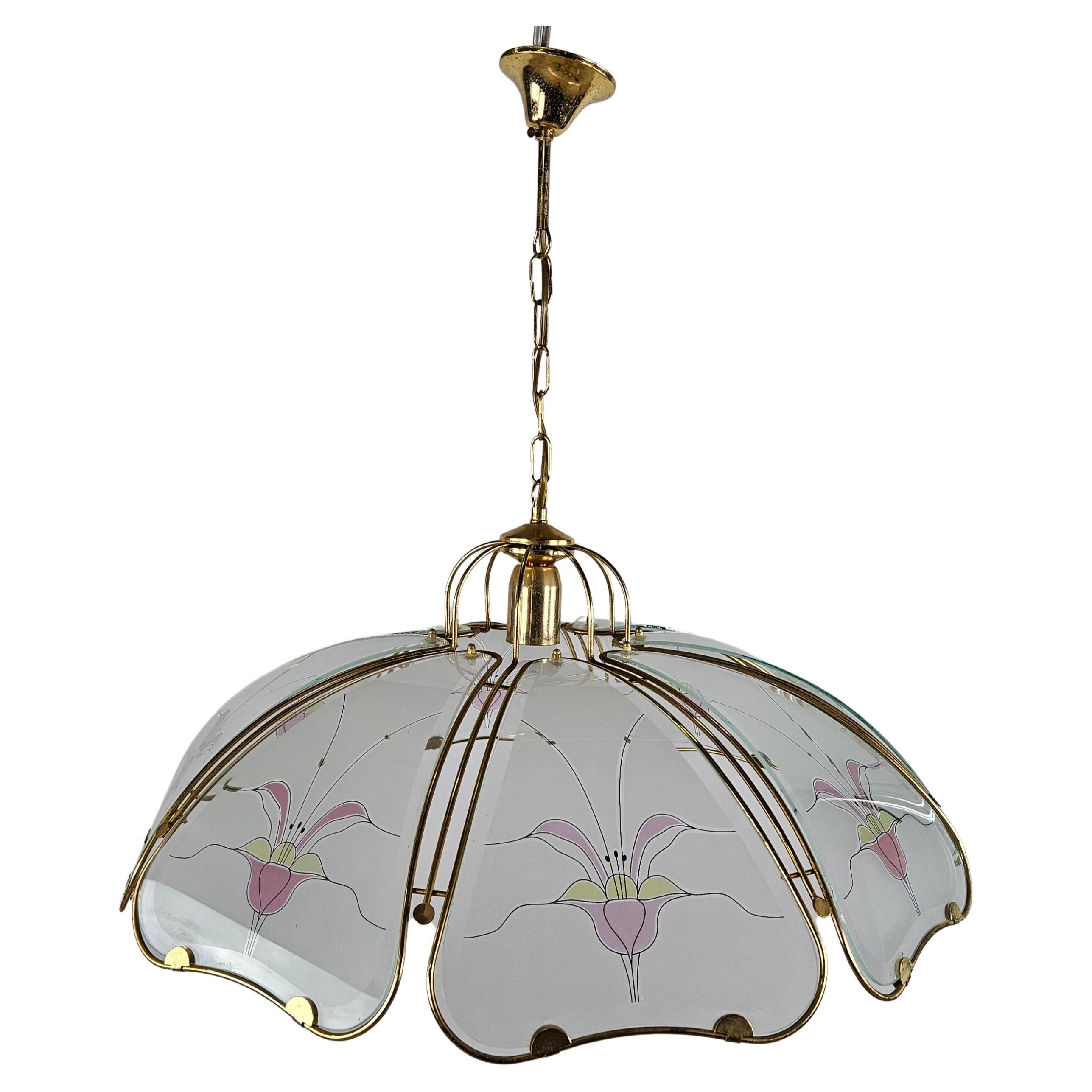 Large brass and frosted glass chandelier with floral decoration 20th century For Sale