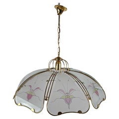 Large brass and frosted glass chandelier with floral decoration 20th century