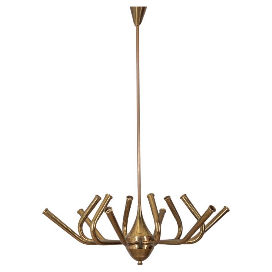 Large vintage 1950s brass 12-light chandelier Italian design For Sale