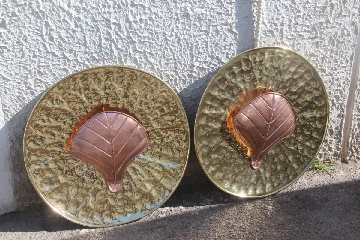 Italian Large Wall Lamps in Martellato Brass and Copper italy 1970s Crespi style For Sale