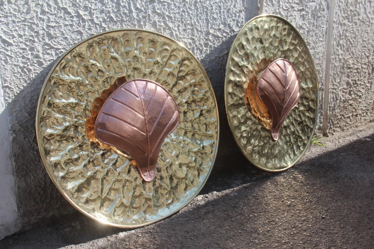 Large Wall Lamps in Martellato Brass and Copper italy 1970s Crespi style For Sale 3
