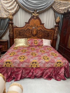 Large French inlaid wooden bed in Louis XV style 1970s