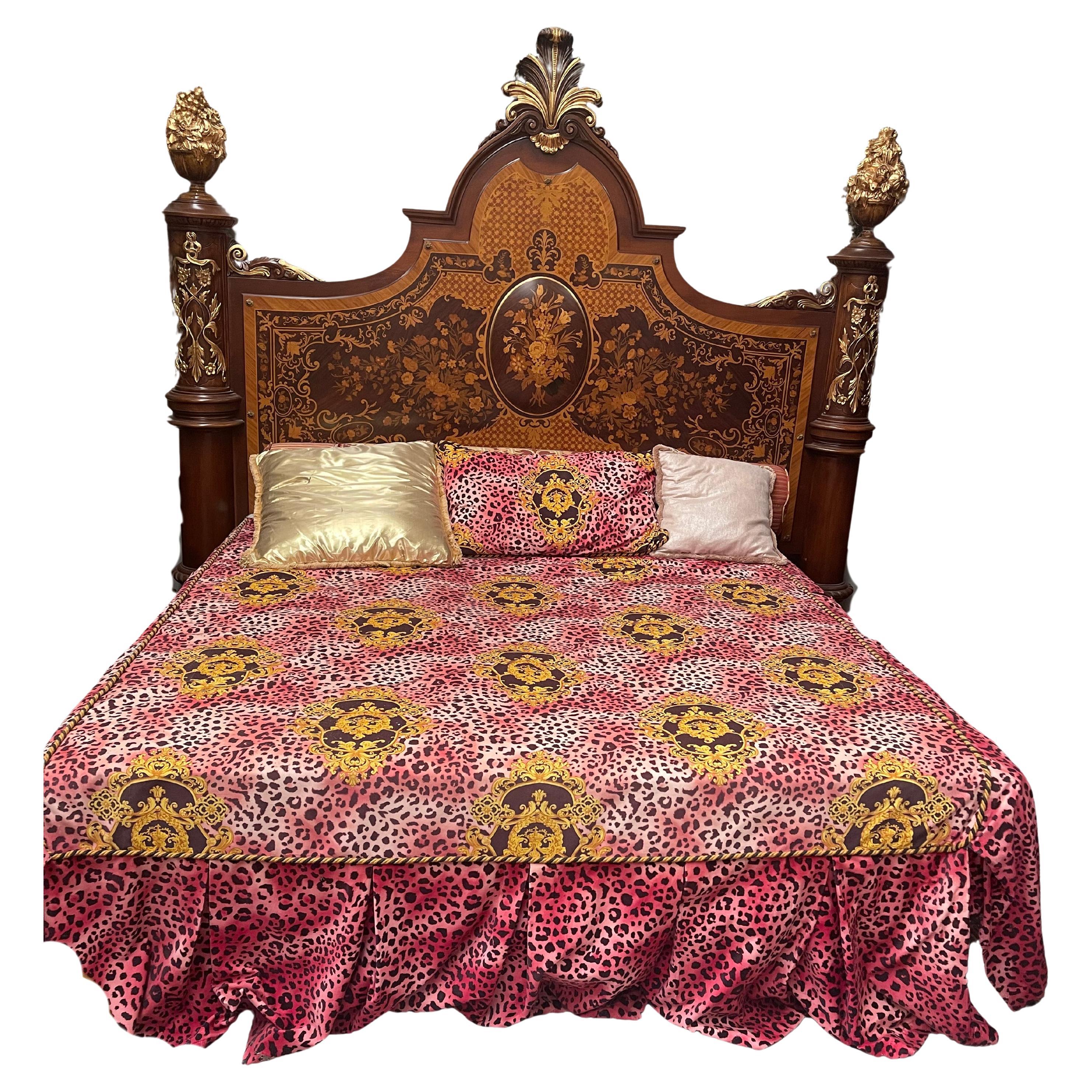 Large French inlaid wooden bed in Louis XV style 1970s