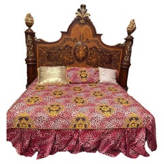 Large French inlaid wooden bed in Louis XV style 1970s