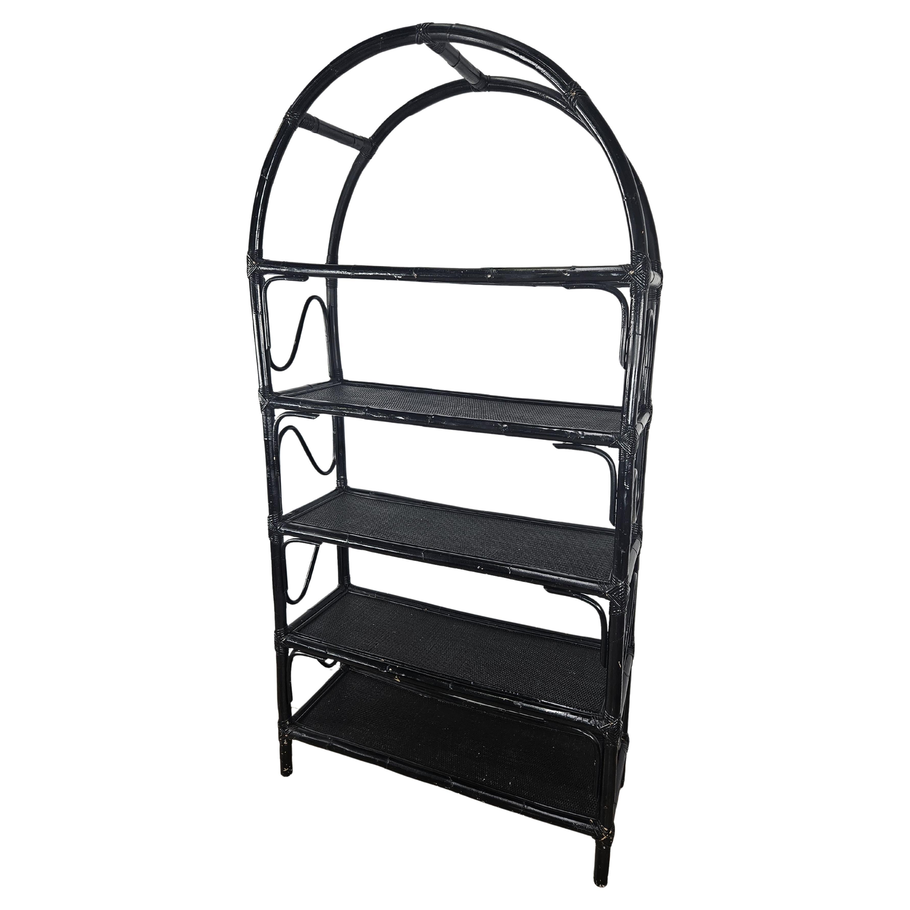 Large vintage black wicker bookcase with shelves