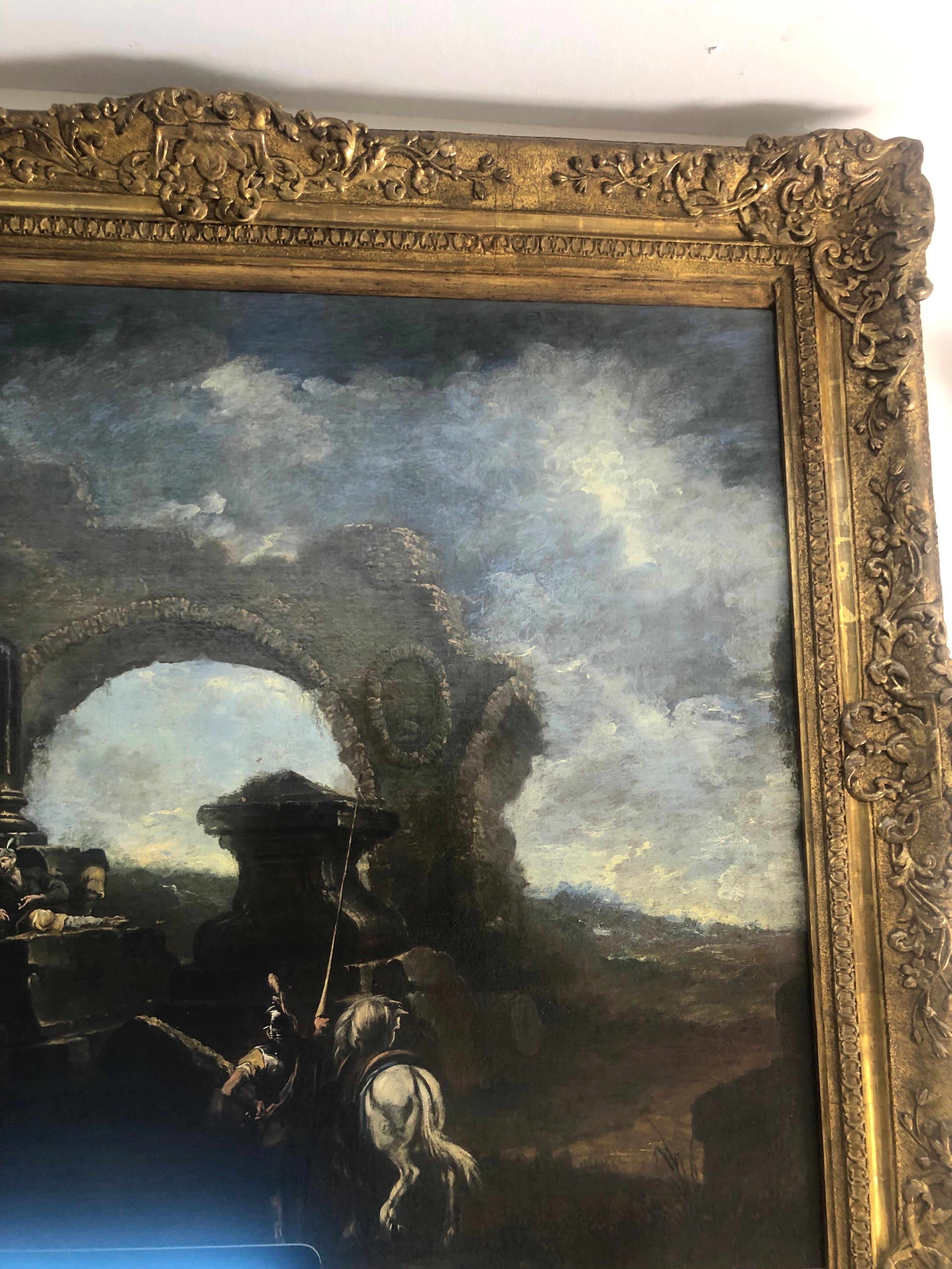 Grande Paesaggio con Rovine e Figure Capriccio Italiano XVIII Secolo im Angebot 6