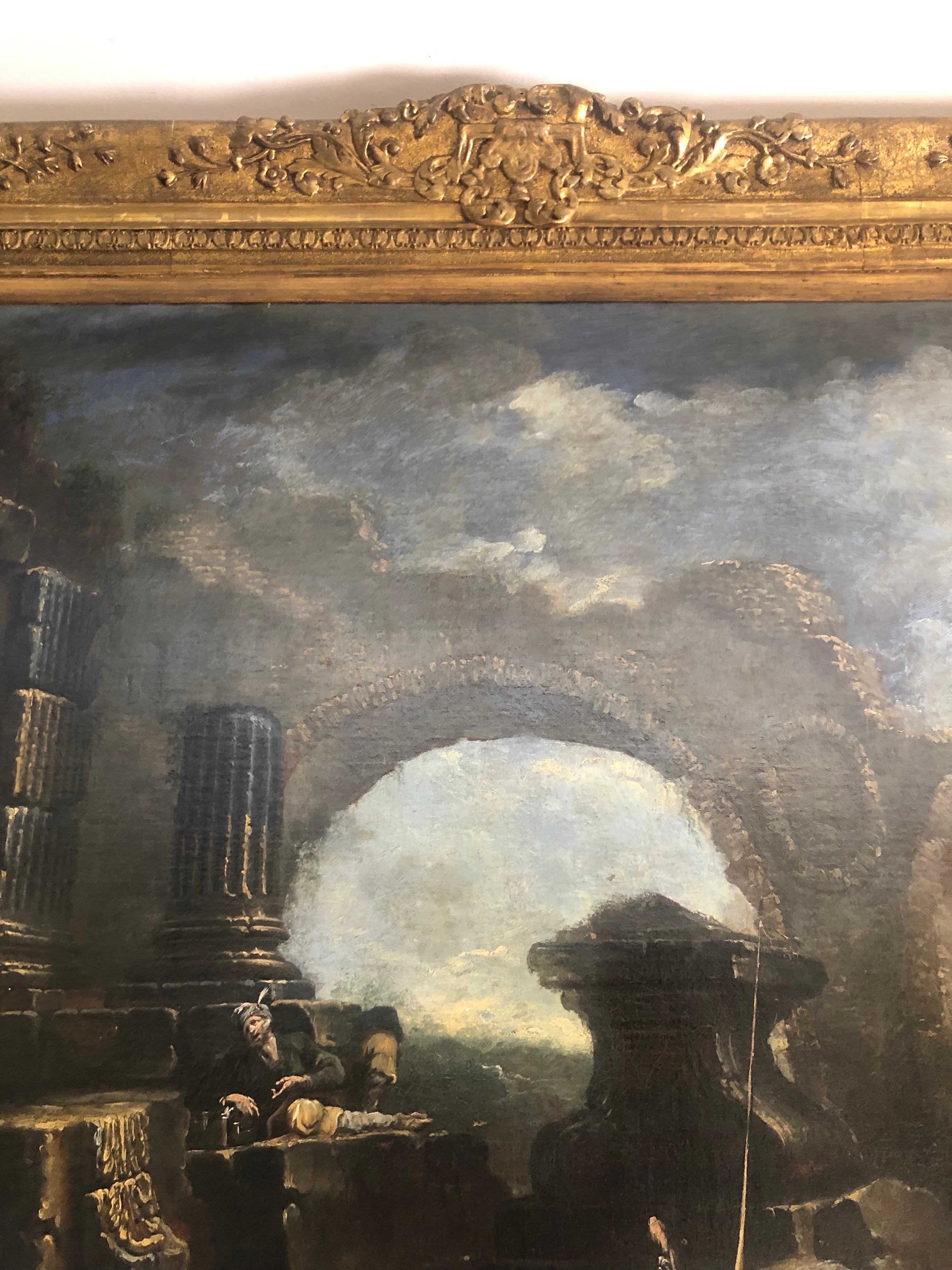 Grande Paesaggio con Rovine e Figure Capriccio Italiano XVIII Secolo im Angebot 7
