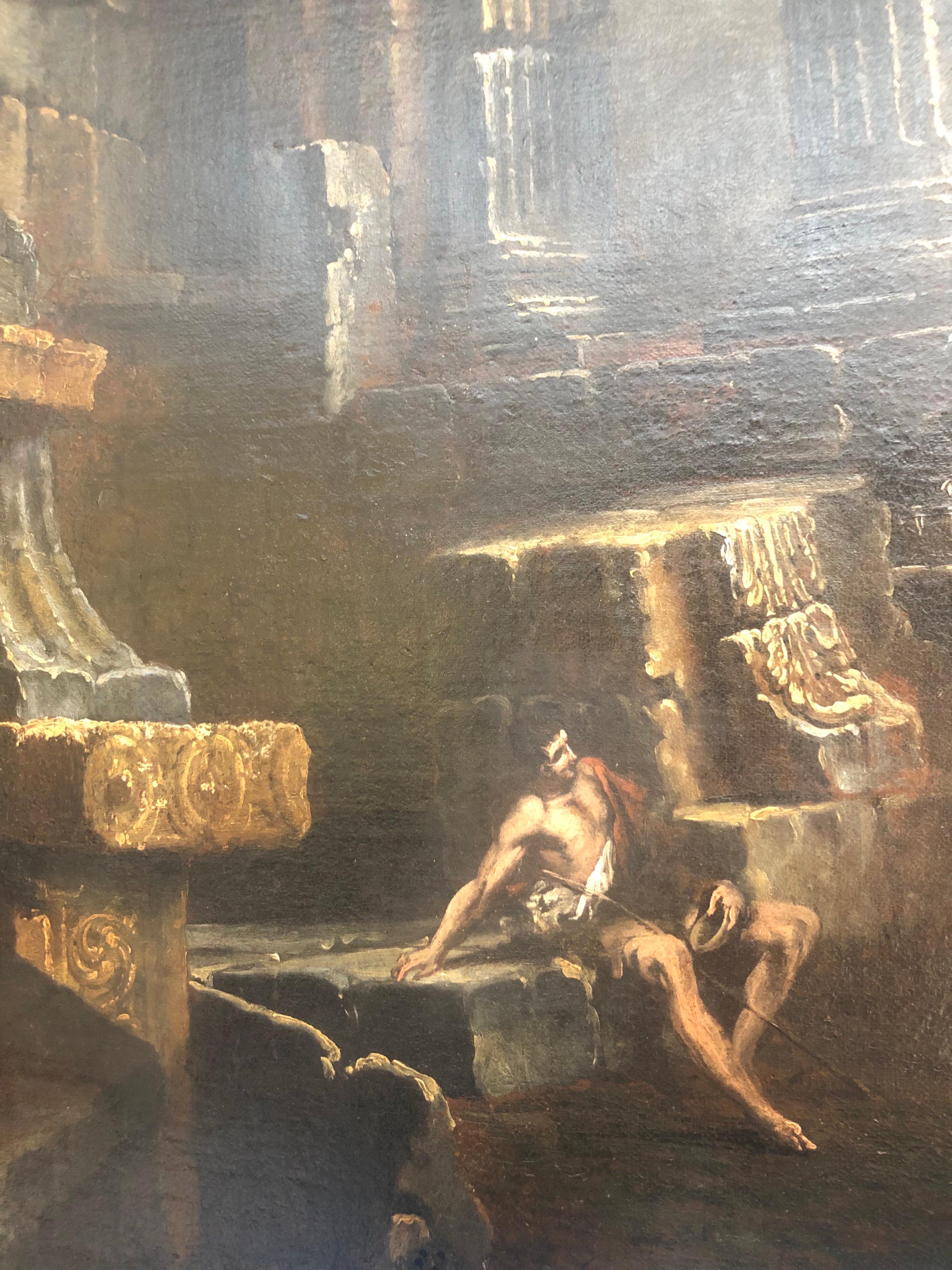 Grande Paesaggio con Rovine e Figure Capriccio Italiano XVIII Secolo im Angebot 8