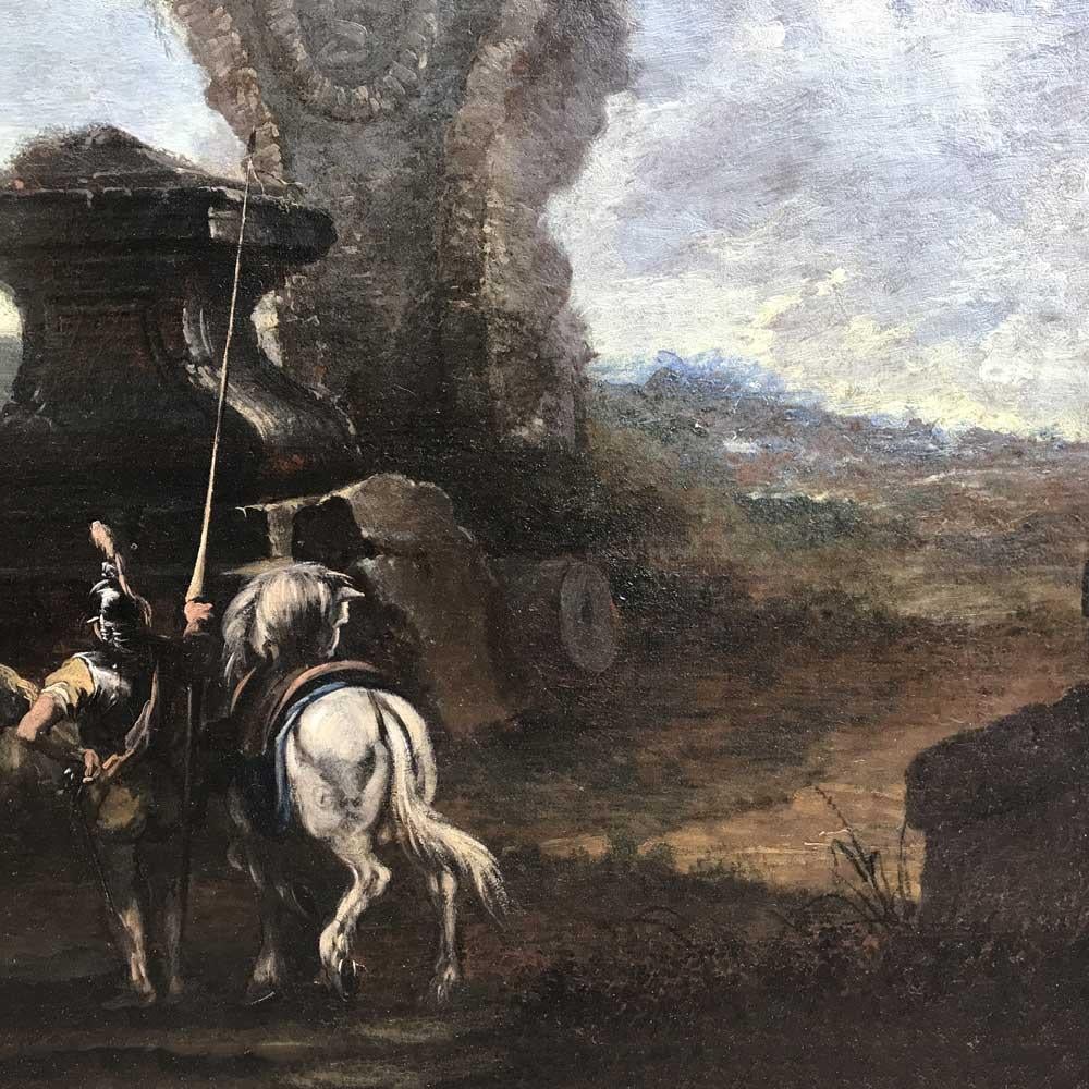 Grande Paesaggio con Rovine e Figure Capriccio Italiano XVIII Secolo (Vergoldet) im Angebot