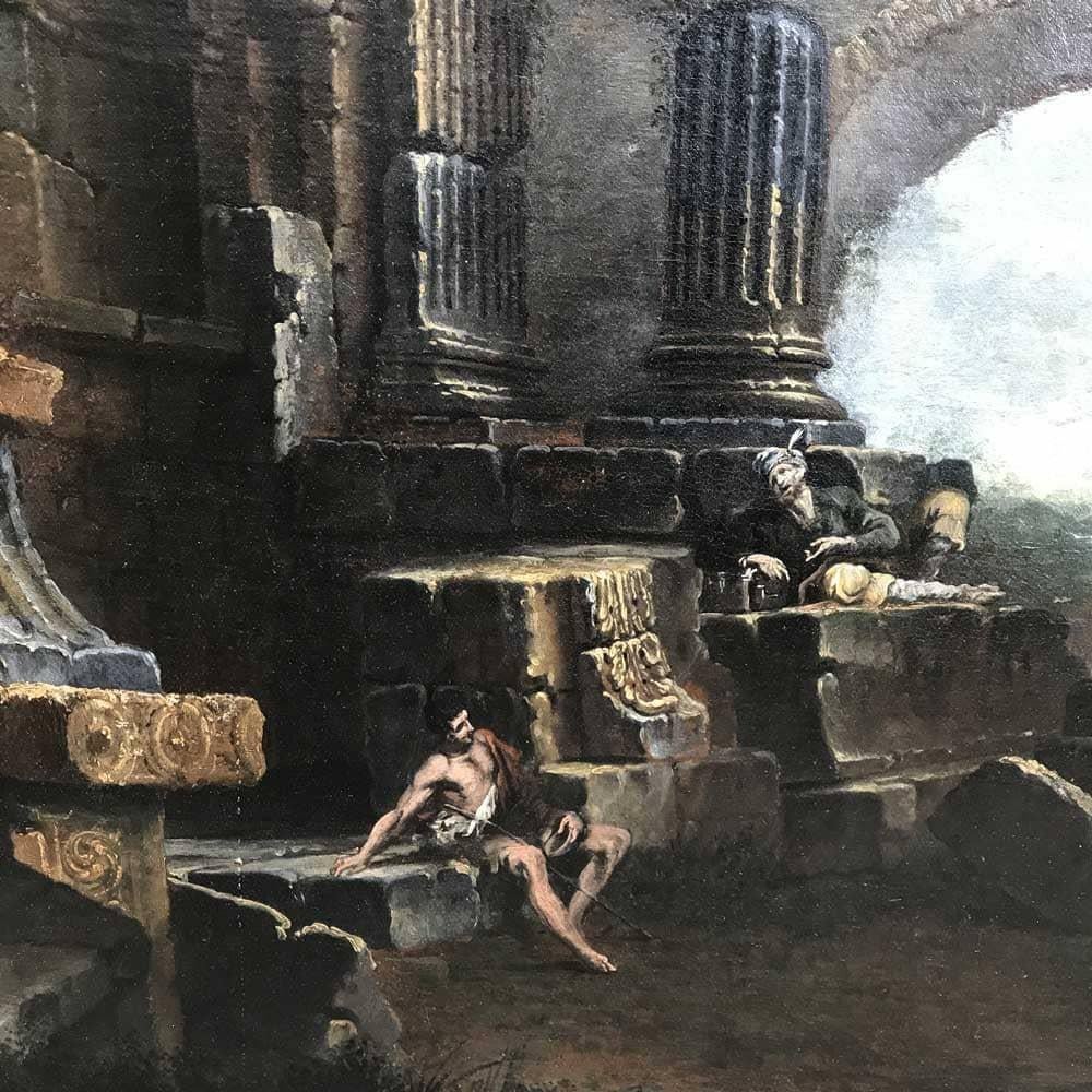 Grande Paesaggio con Rovine e Figure Capriccio Italiano XVIII Secolo im Zustand „Gut“ im Angebot in Milano, MI