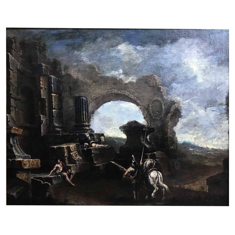 Grande Paesaggio con Rovine e Figure Capriccio Italiano XVIII Secolo im Angebot 2