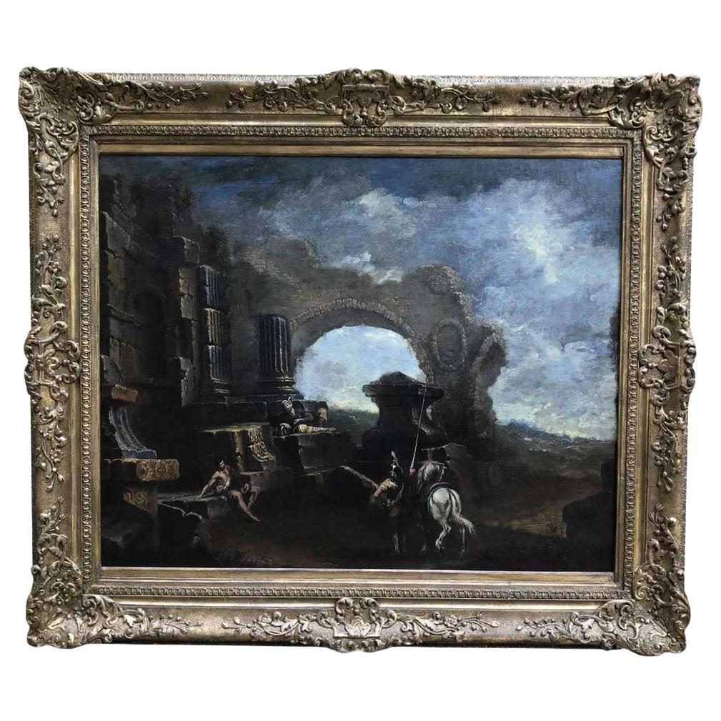 Grande Paesaggio con Rovine e Figure Capriccio Italiano XVIII Secolo