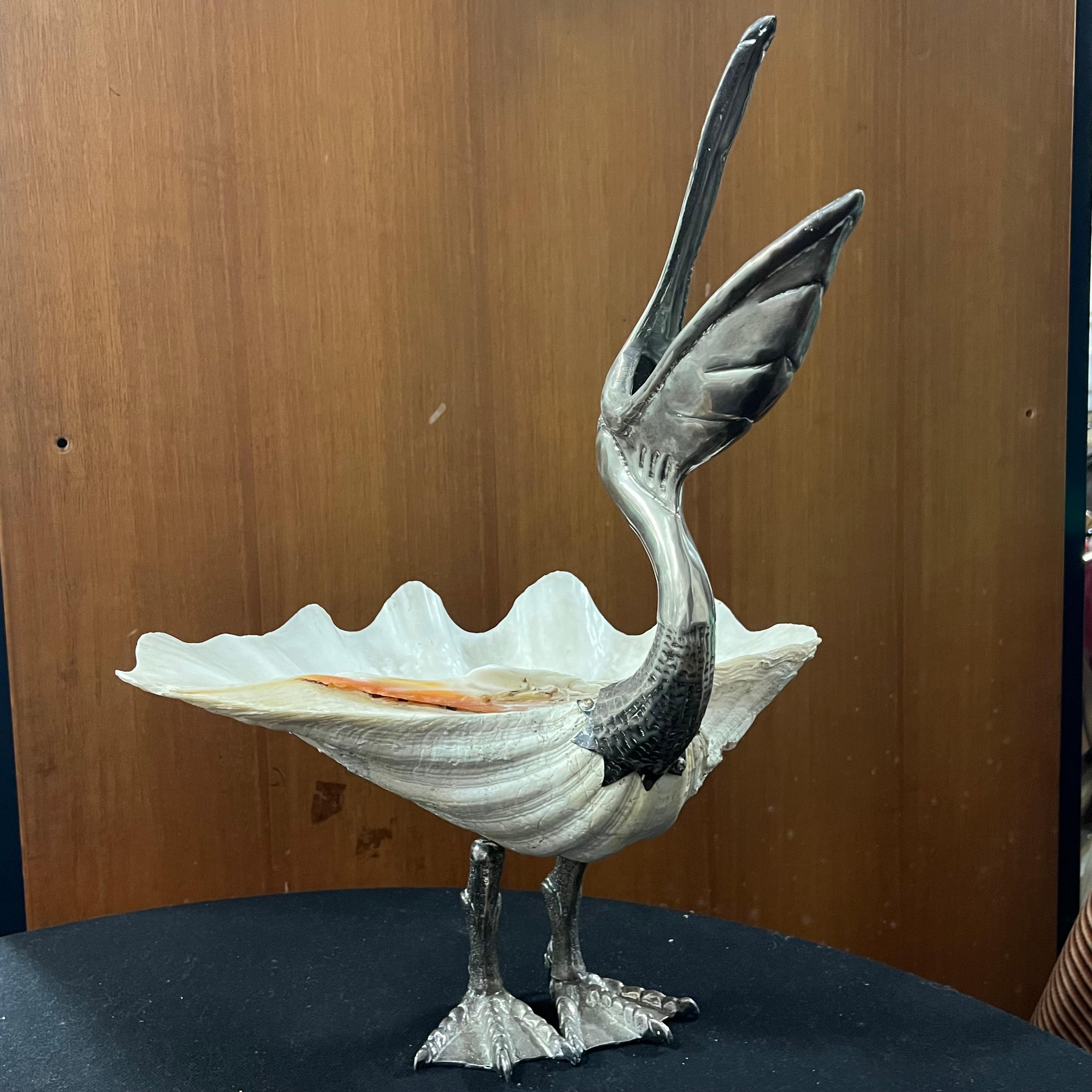 Silver Plate Large Pelican with Shell Sculpture by Gabriella Binazzi - Italy - 1970s