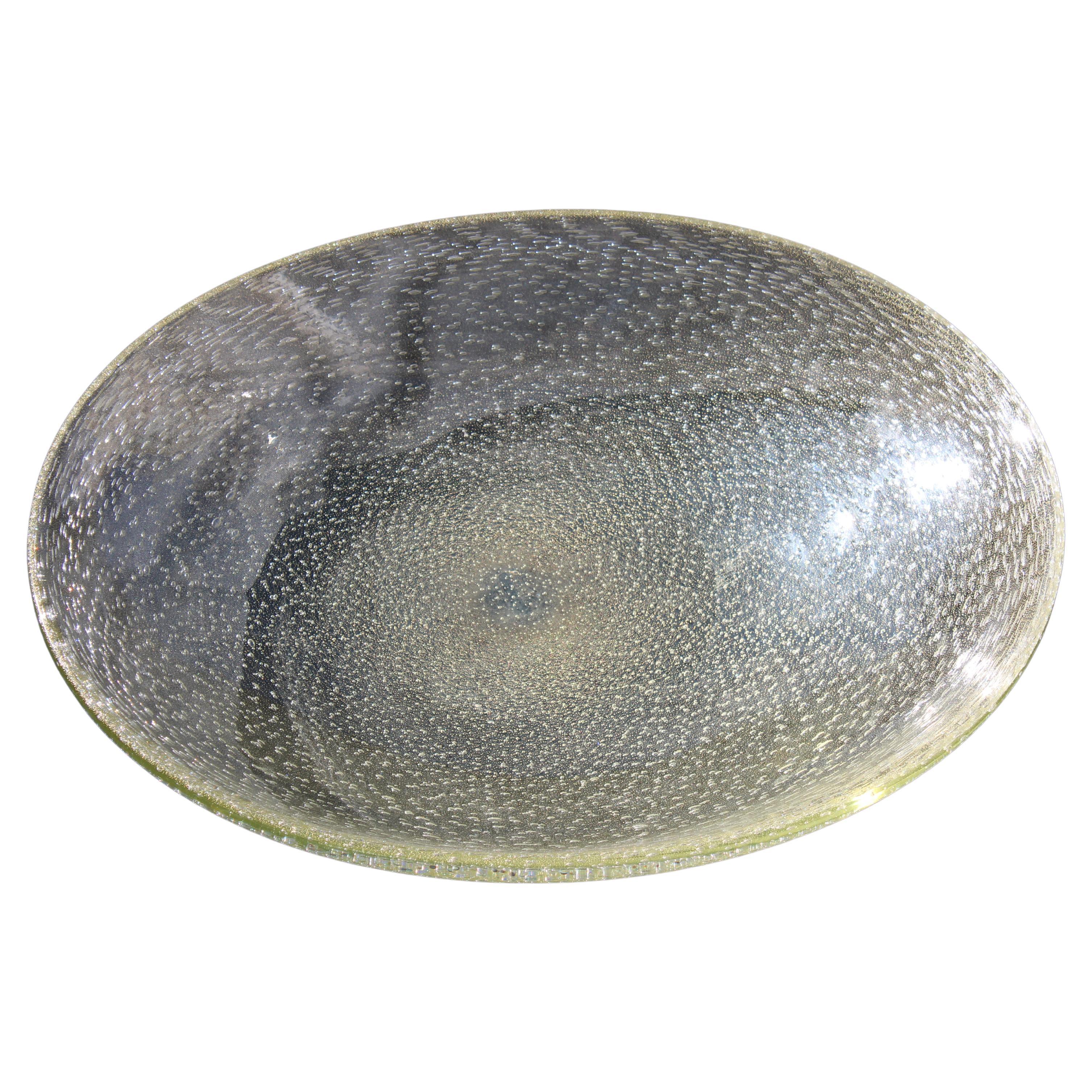 Seguso Gran Plato Oval Cóncavo con Burbujas y Polvo de Oro Años 50 Gran Calidad