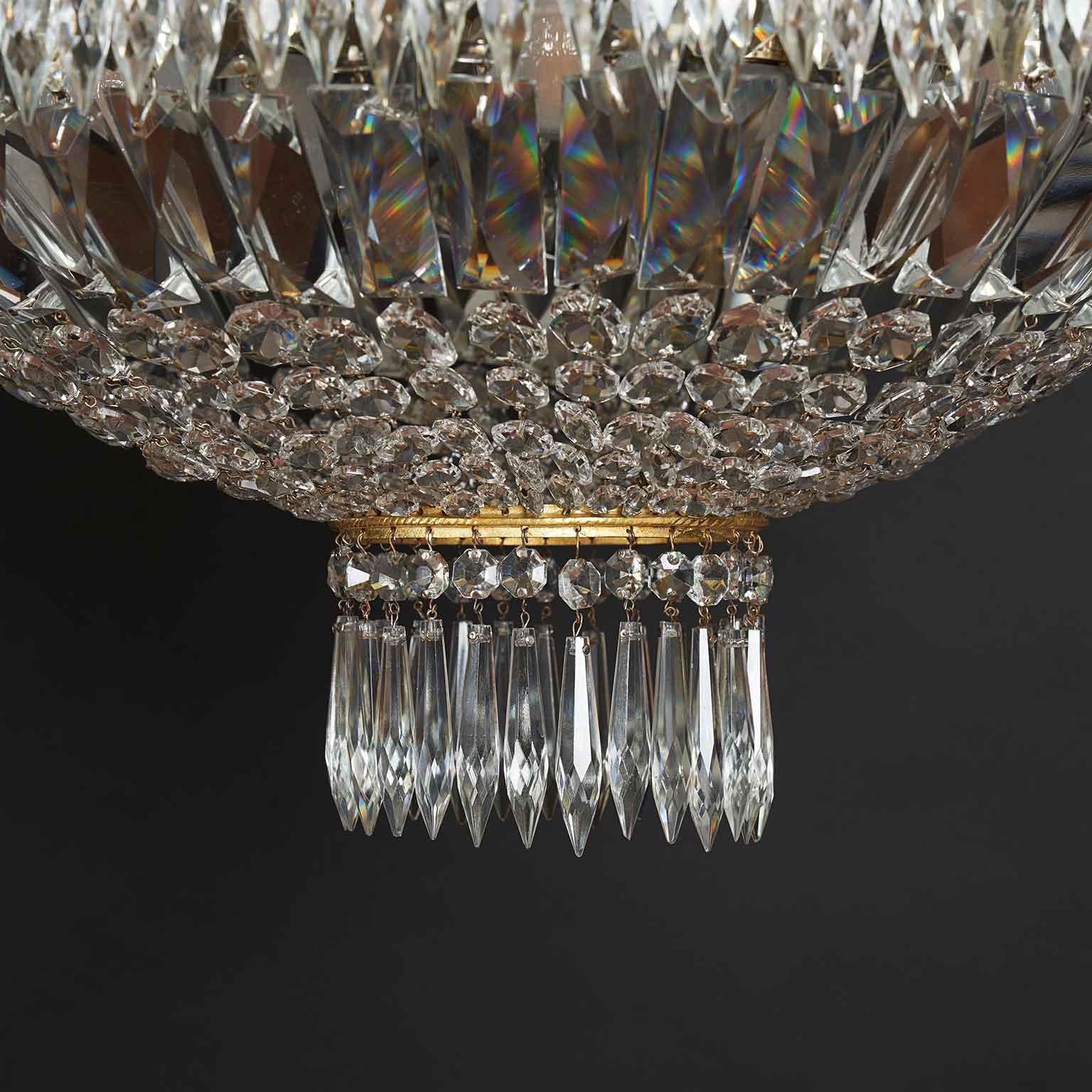 Faceted Large Circular Crystal Ceiling Lamp with Five Lights Italian 20th Century For Sale