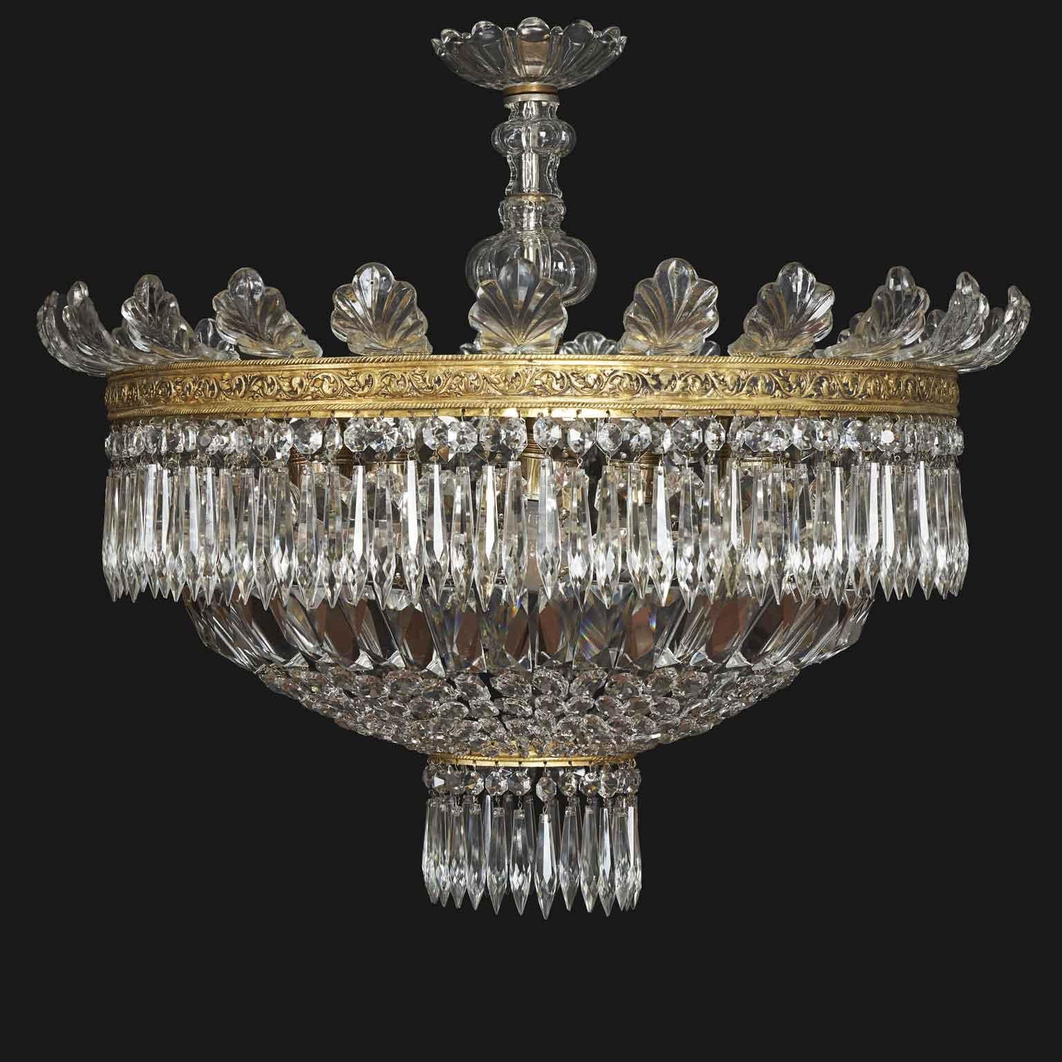 Bronze Large Circular Crystal Ceiling Lamp with Five Lights Italian 20th Century For Sale