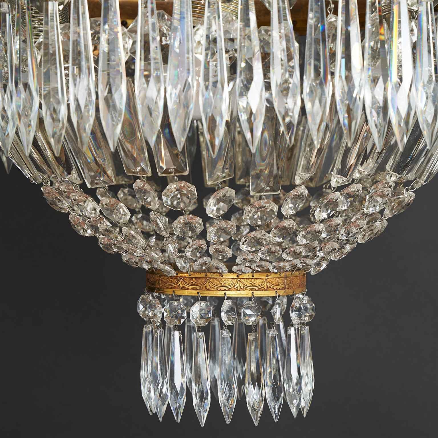Bronze Large Italian Crystal Ceiling Lamp with Four Circular Lights 20th Century For Sale