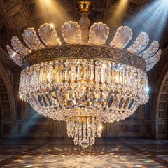 Grand lustre italien en cristal, six lumières, couronnes en bronze doré, 1960