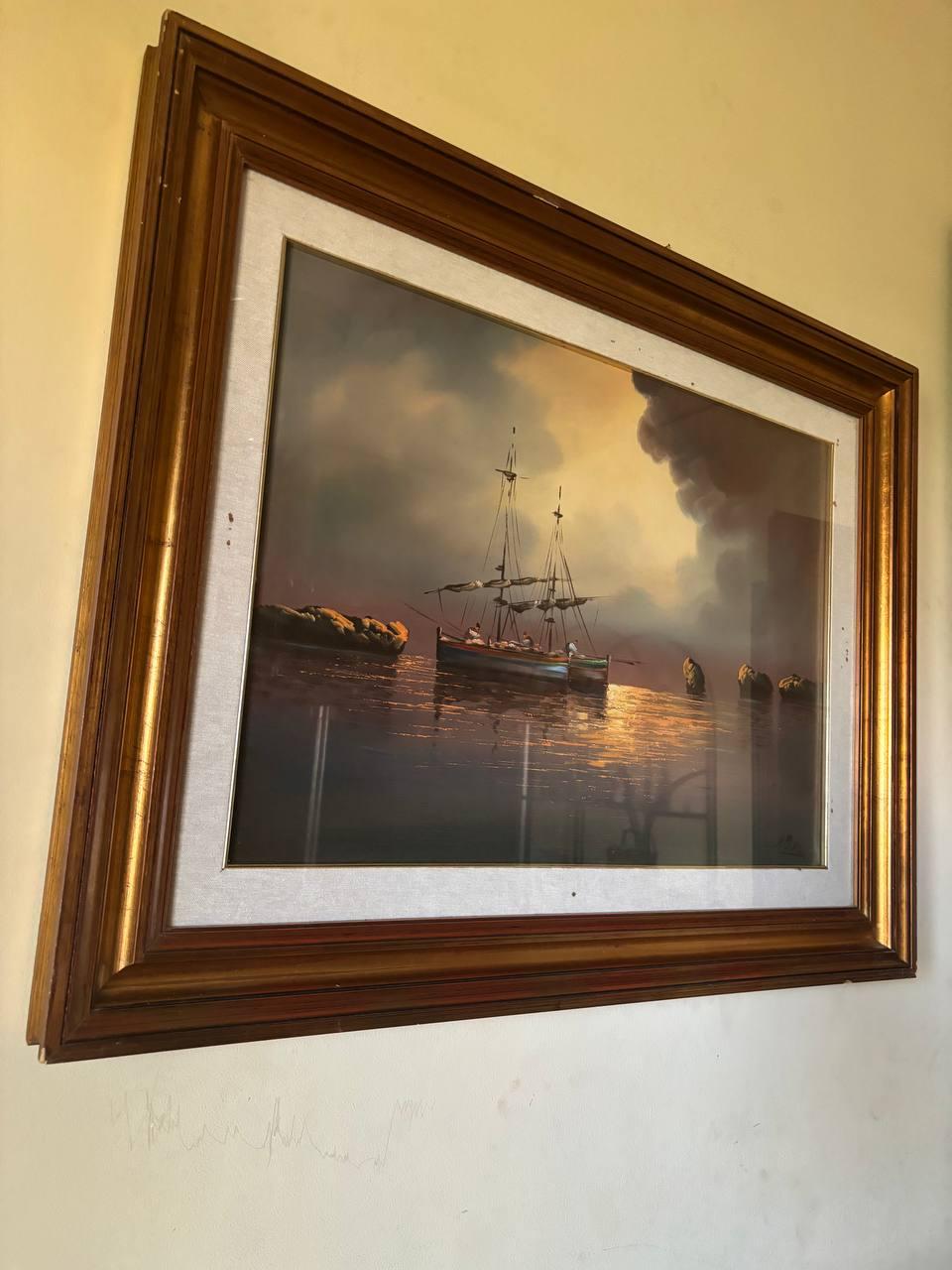 Captures the breathtaking beauty of a maritime adventure under a dramatic sky. Known for his maritime art, he masterfully portrays a scene in which the horizon sparkles with the fiery hues of the setting sun. The sky, a riot of oranges, reds, and