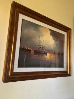 Large Italian painting with maritime sunset painting 1950s 20th century