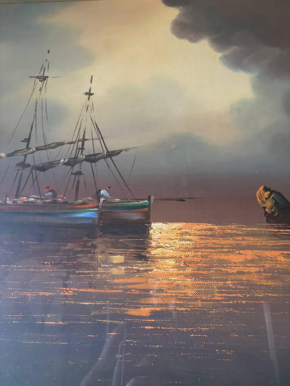Machine-Made Large Italian painting with maritime sunset painting 1950s 20th century For Sale