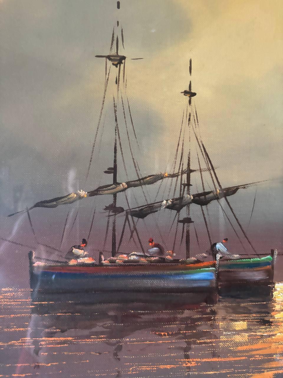 Large Italian painting with maritime sunset painting 1950s 20th century In Good Condition For Sale In Palermo, IT