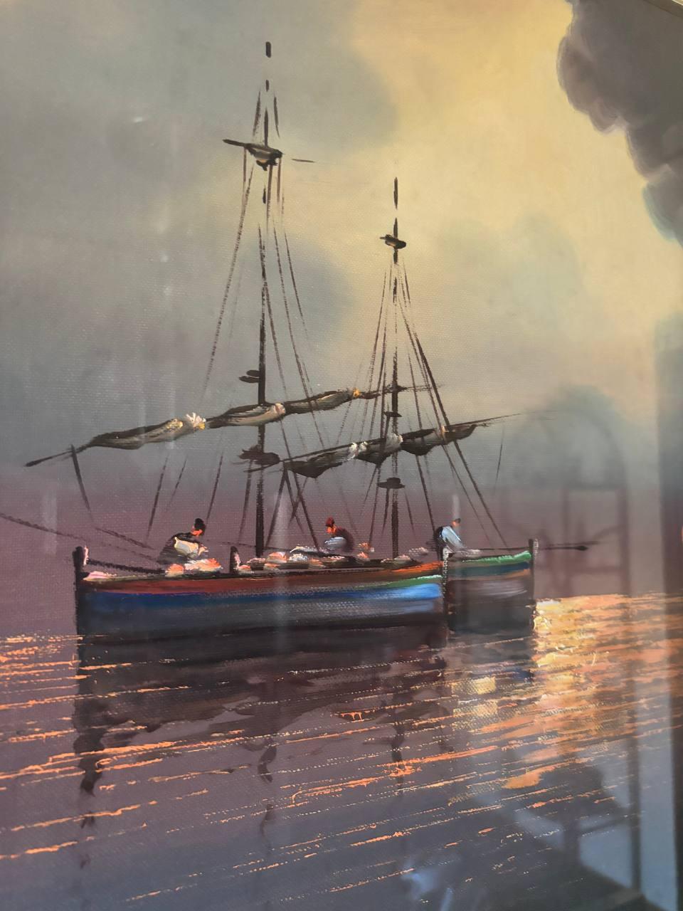 20th Century Large Italian painting with maritime sunset painting 1950s 20th century For Sale
