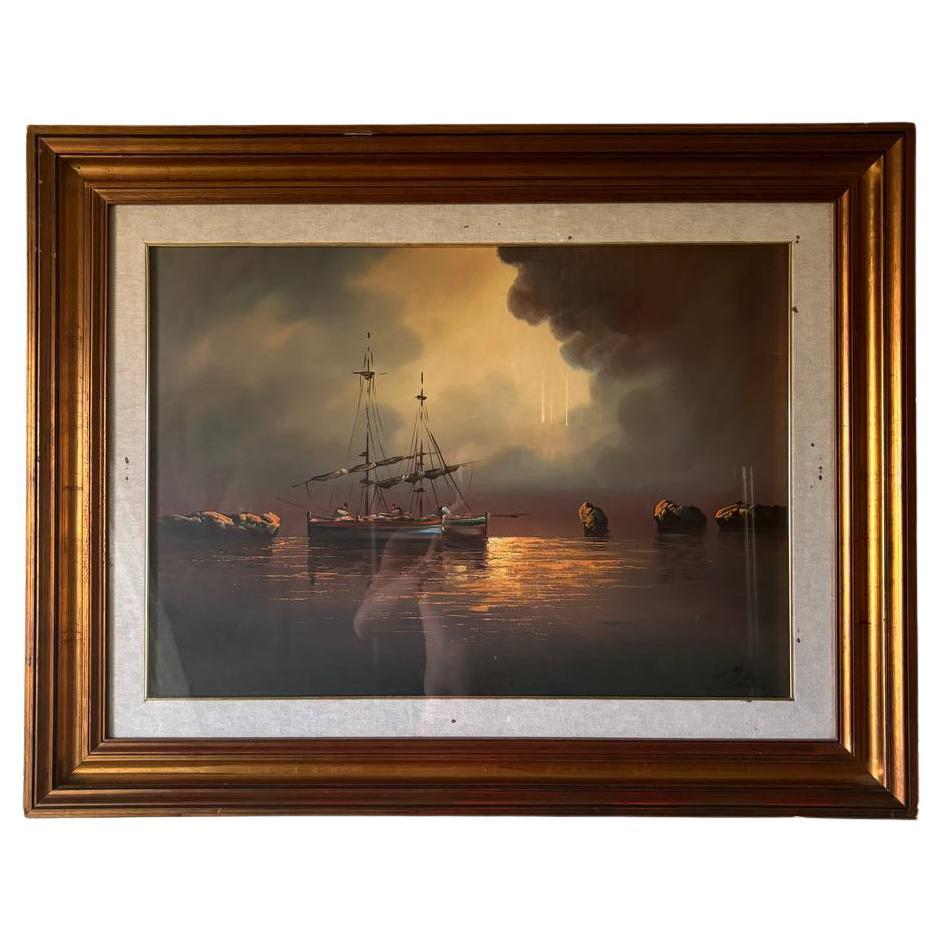Gran cuadro italiano con pintura de puesta de sol marítima años 50 del siglo XX